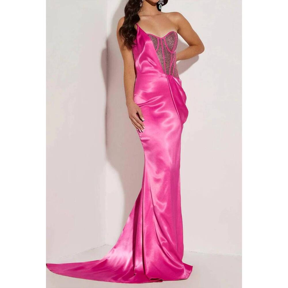 NEW JASZ COUTURE embellished one sleeve evening dress in fuchsia
